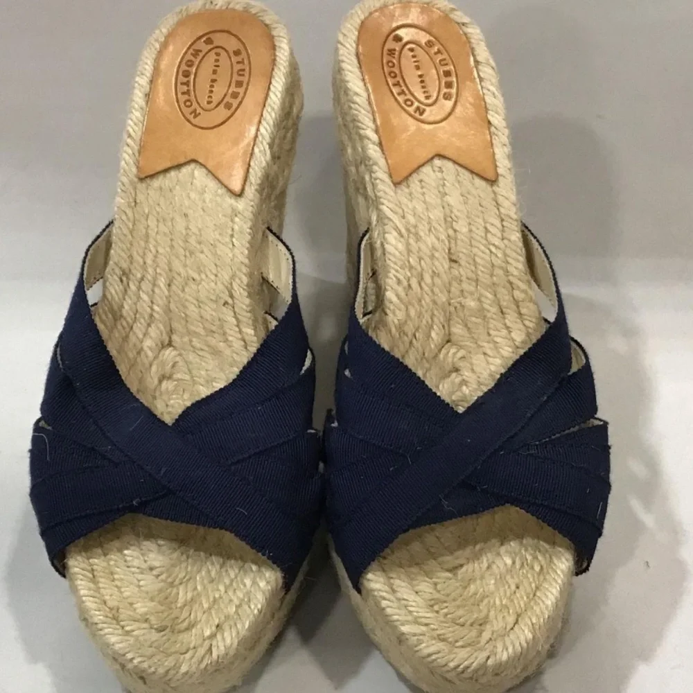 Women’s Stubbs & Wootton Navy Fabric Wedge Sandals Size 38